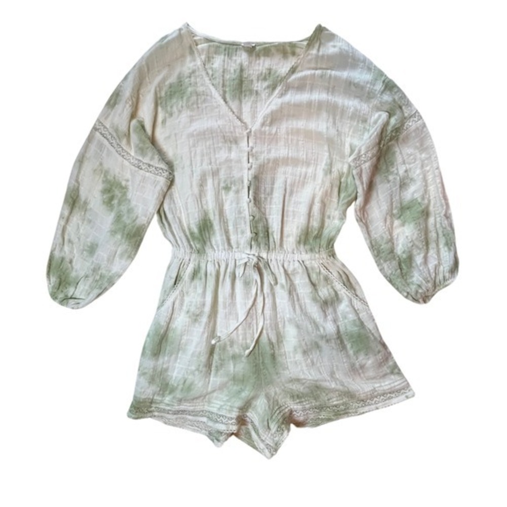 Aerie Women's Tie Dye Romper Size‎ L Green Lace Cotton Linen Boho Indie Hippie